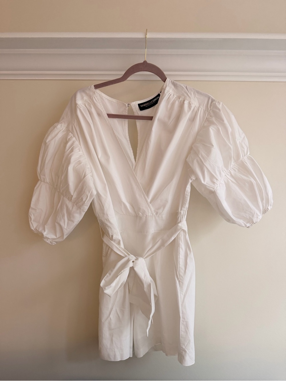 Gabrielle Union White Puff-Sleeve Wrap Romper